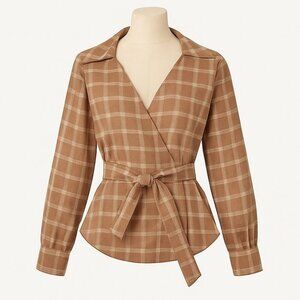 MARISSA WEBB Womens Small Mia Lightweight Flannel Wrap Top in Mesa Tan Plaid NEW